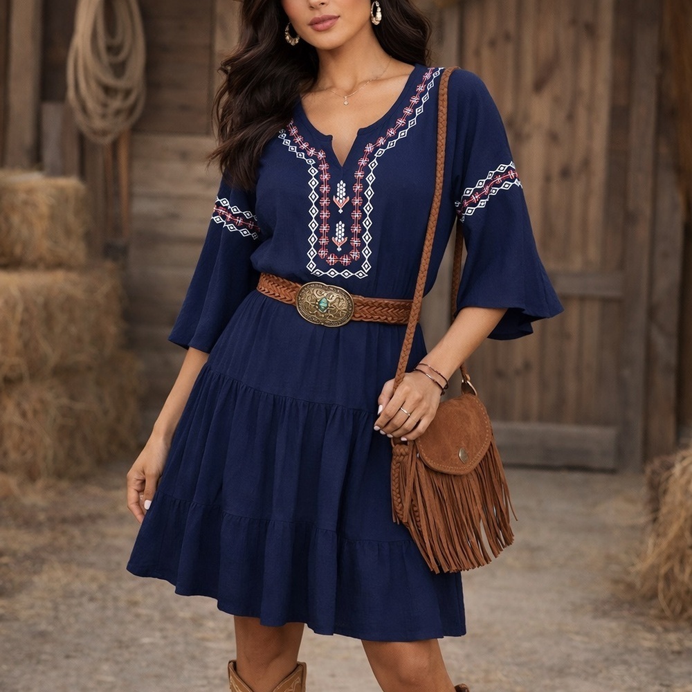 Lucky Brand Embroidered V Neck Dress Large Elbow Sleeve NWOT